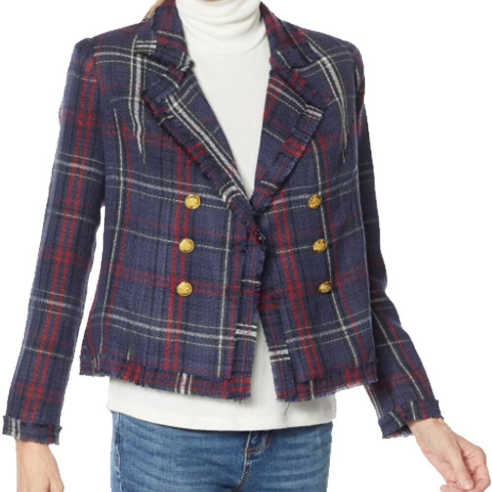 New G by Giuliana Pieced Novelty Plaid Tweed Blazer Navy P6917